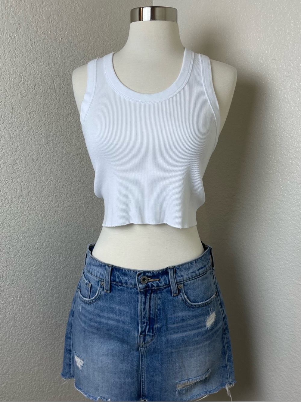 John Galt Brandy Melville Ribbed White Cotton Racerback Cropped Tank Top